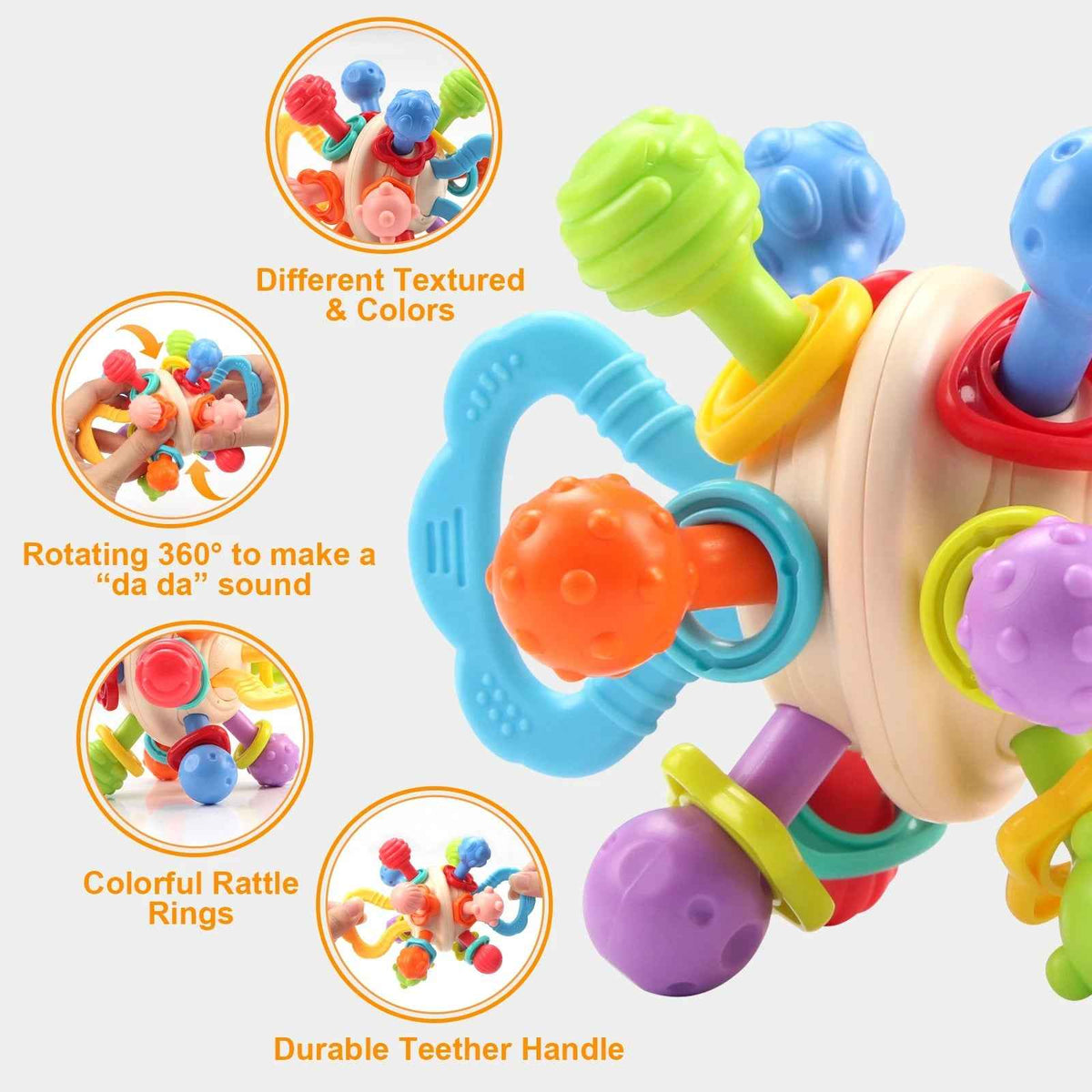 Soft silicone baby rattle with curved blue teether handle and textured color balls