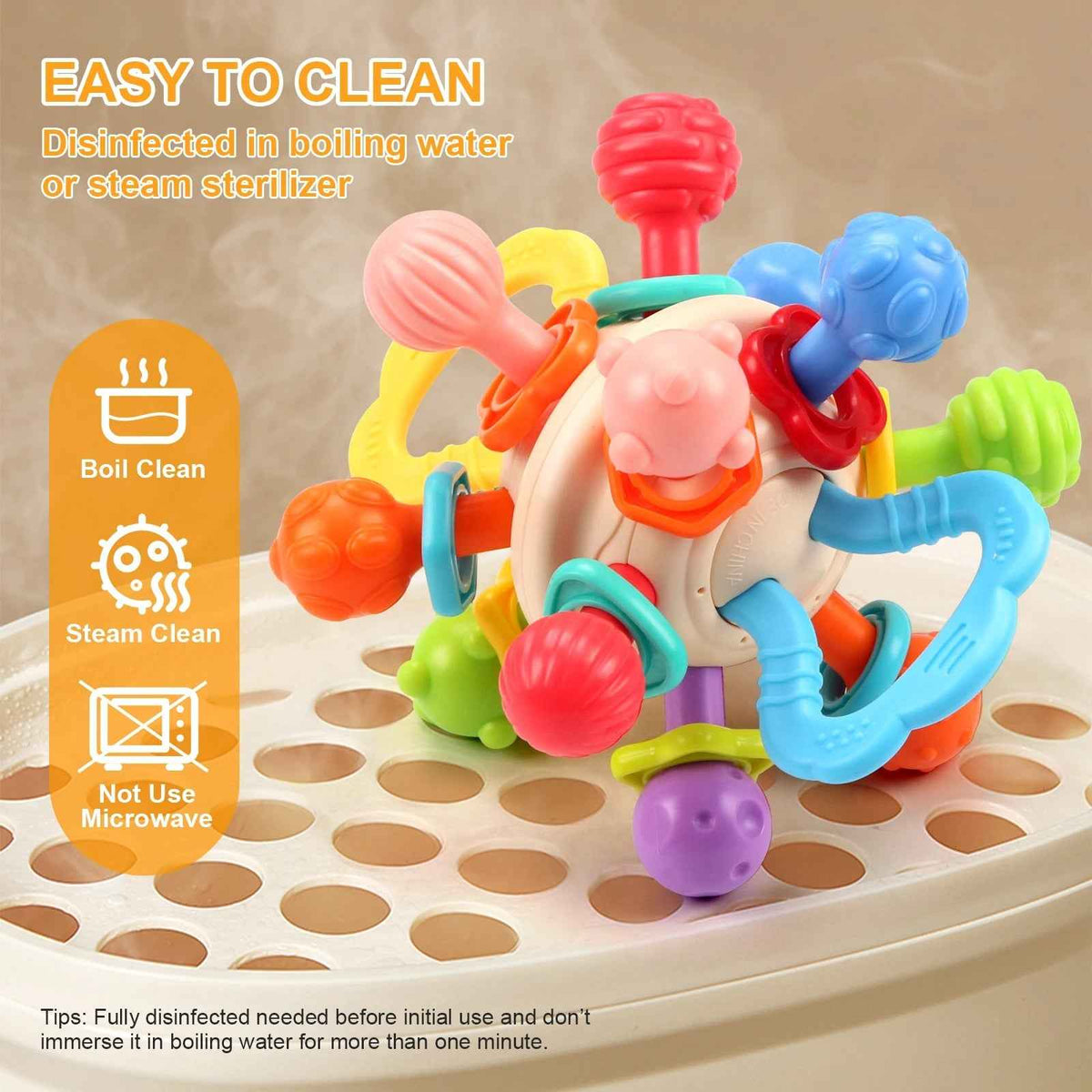 Soft silicone baby rattle teether with multicolor bump grips for chewing and grasping