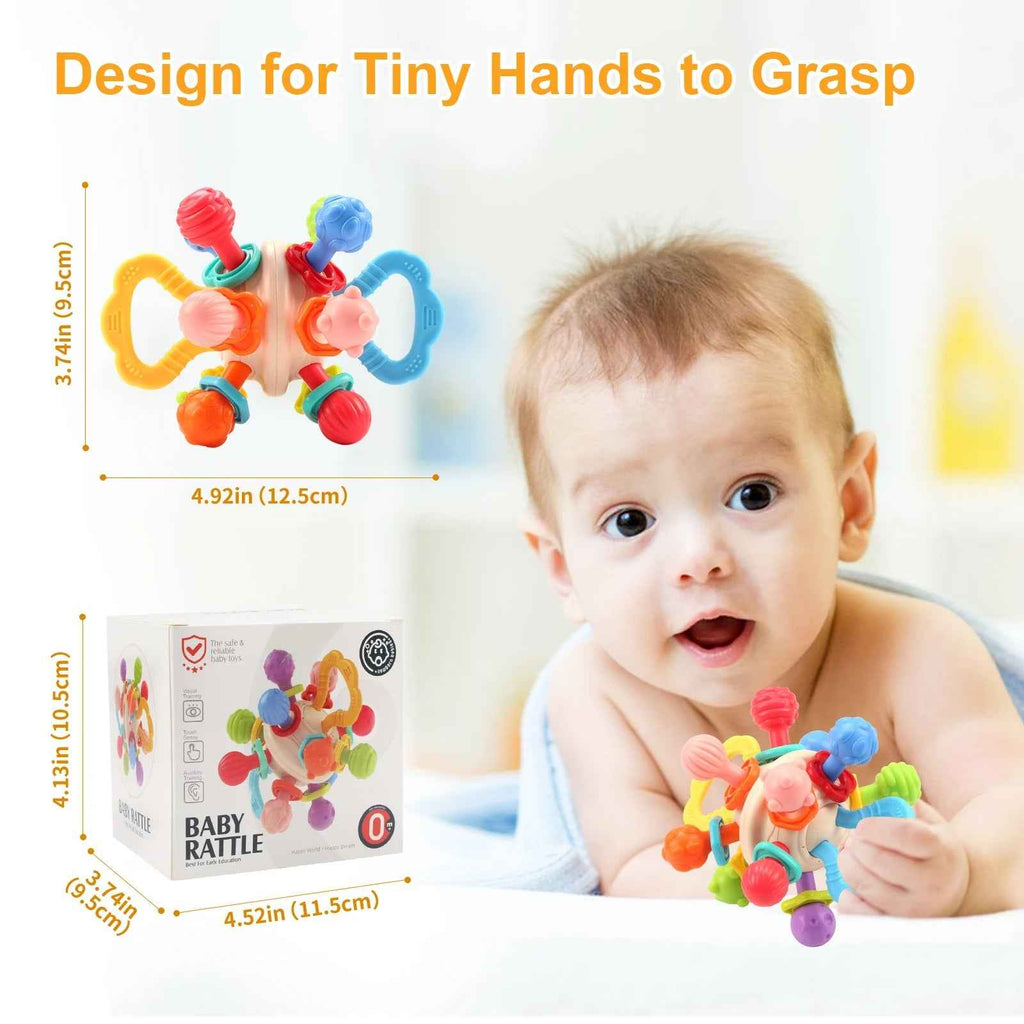 Soft silicone baby rattle teething ball with small grasp-friendly handles and textured rings