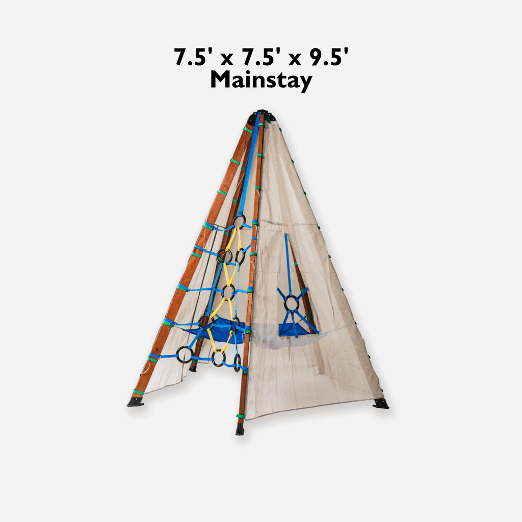 Mainstay play tent with blue climbing net, circular rings, and tripod poles