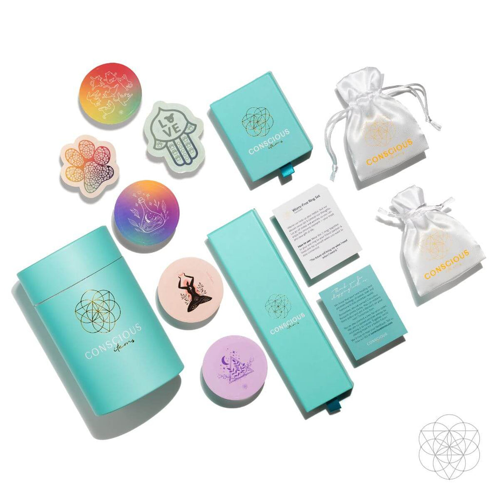 Crystal tree lamp packaging set with teal boxes, cards, stickers, and organza pouches.