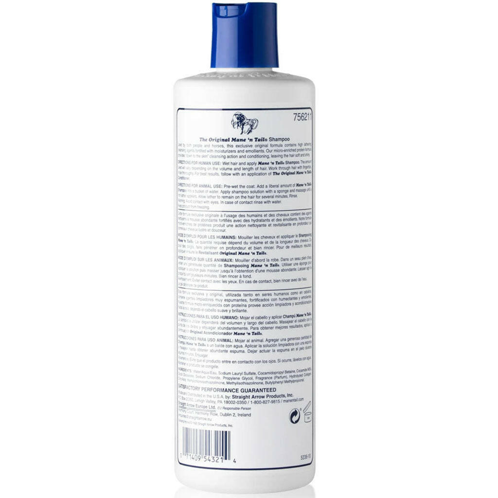 Horse shampoo bottle with back label text and barcode