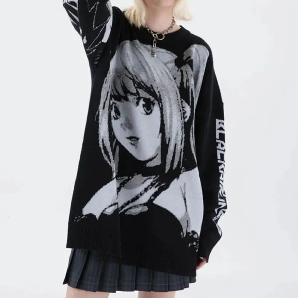 Black oversized knit sweater with monochrome anime girl front graphic