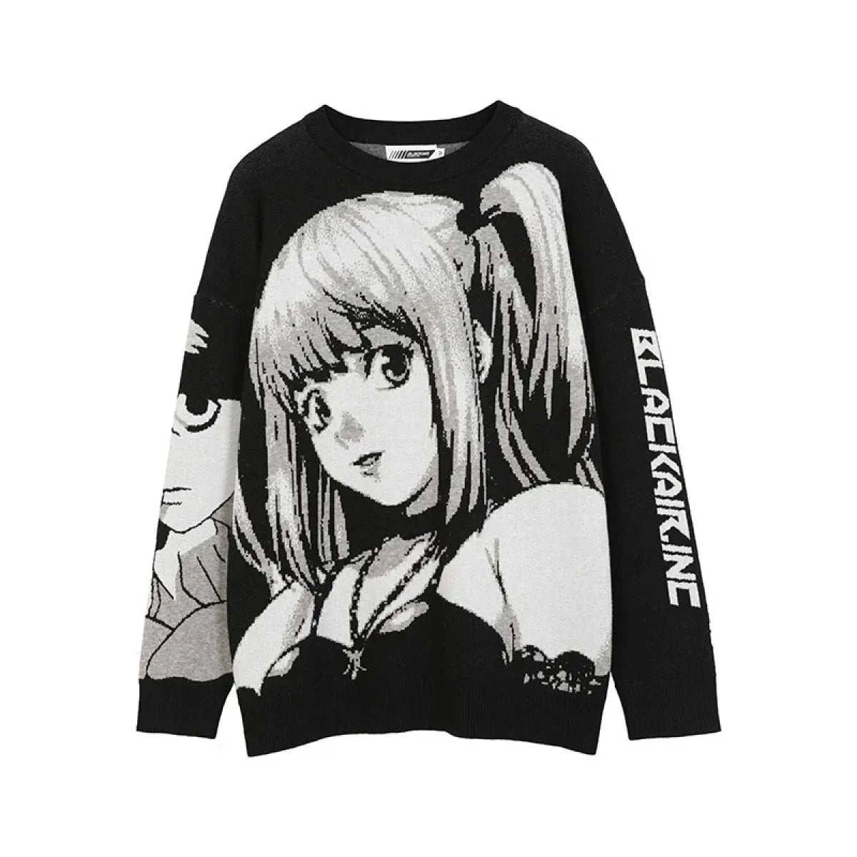 Black oversized sweater with monochrome anime girl print and vertical sleeve text