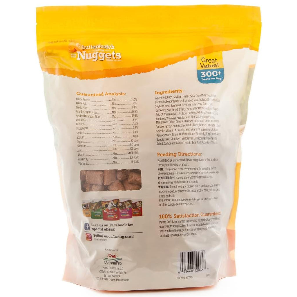 Manna Pro Butterscotch nugget horse treats back-of-bag panel with feeding directions