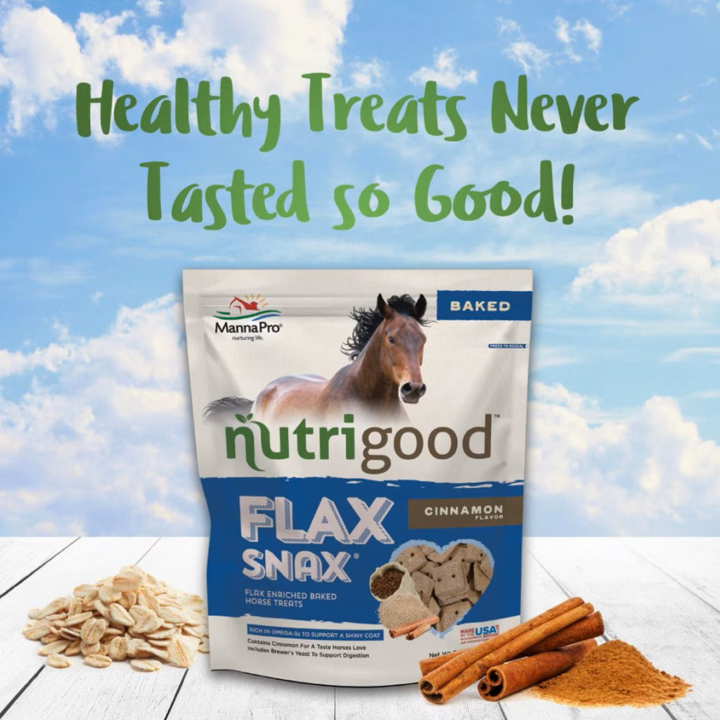 MannaPro Nutrigood flax snax cinnamon horse treats pouch with snacks and cinnamon sticks