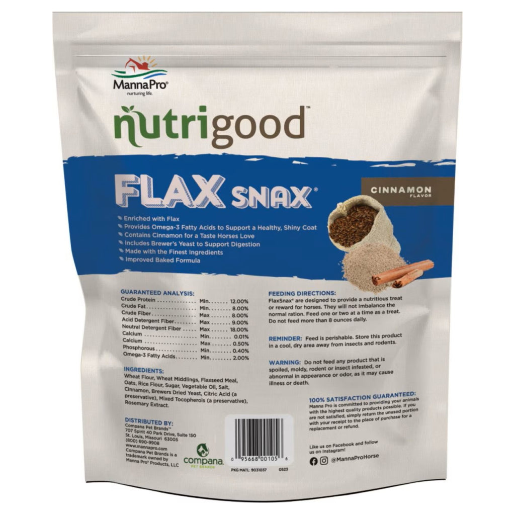 MannaPro Nutrigood flax snax cinnamon horse treats pouch, back label view