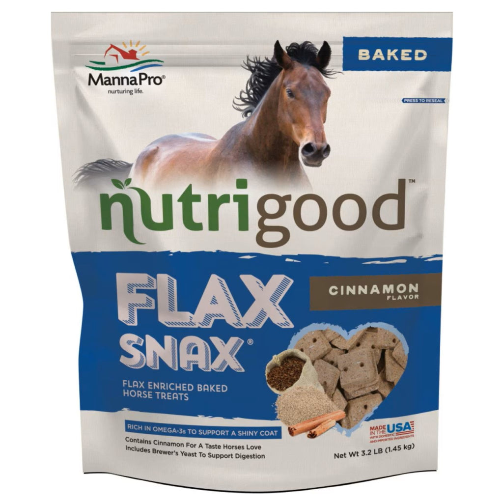 MannaPro Nutrigood flax snax cinnamon horse treats pouch, front view