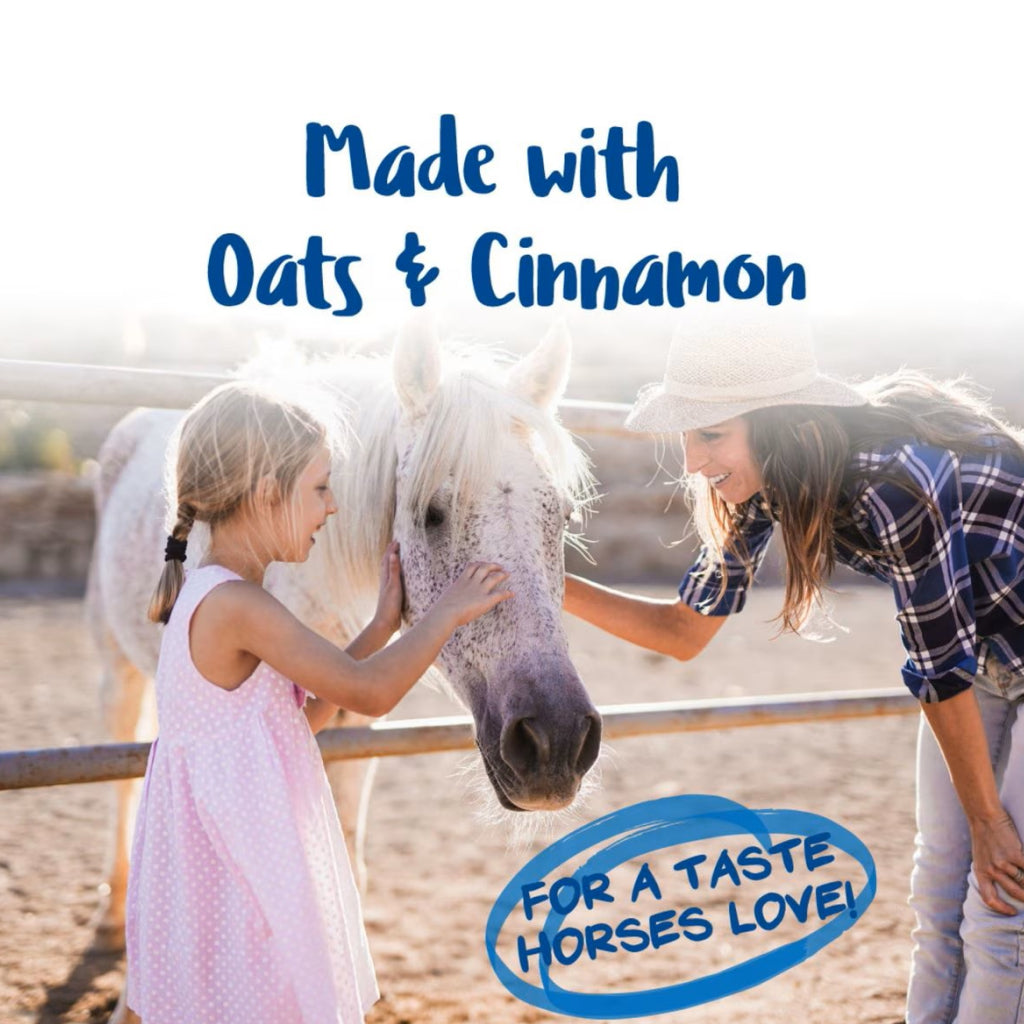 Horse with adults offering treats; “For a taste horses love” label on scene