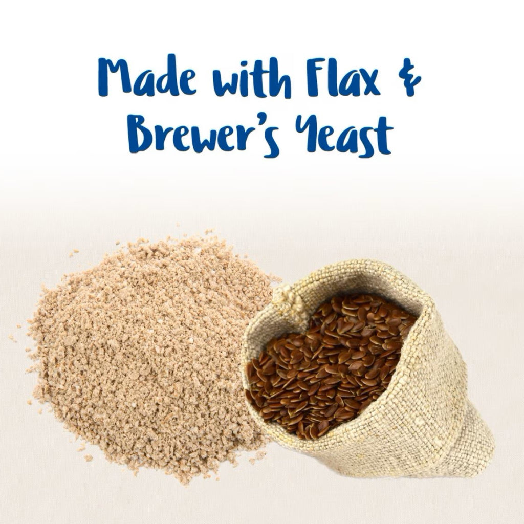 Ground flax and brewer’s yeast in a burlap pouch, for horse flax snax treats