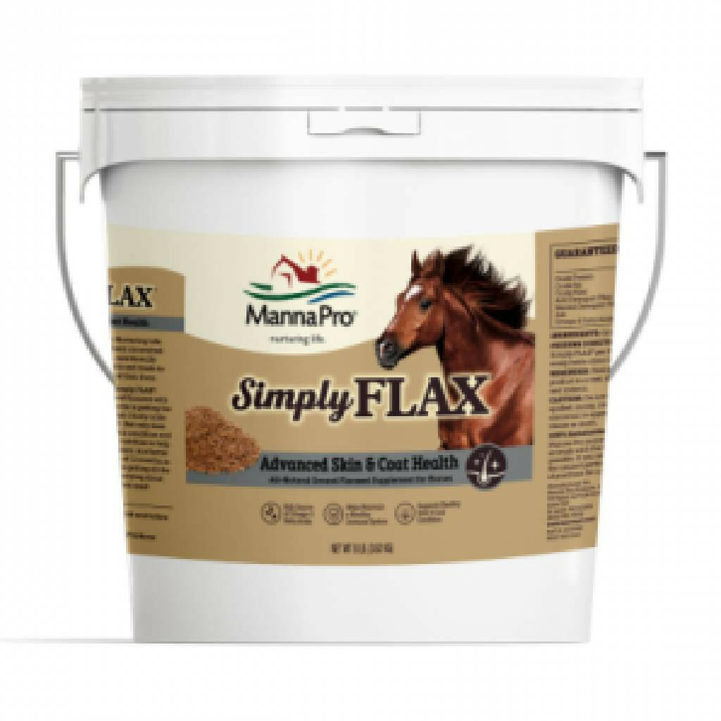 Flax feed supplement bucket with horse face and SimpleFLAX label