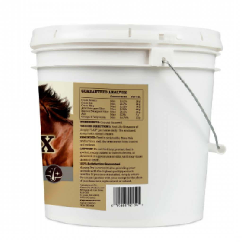 Flax feed supplement bucket side panel with ingredients and barcode label