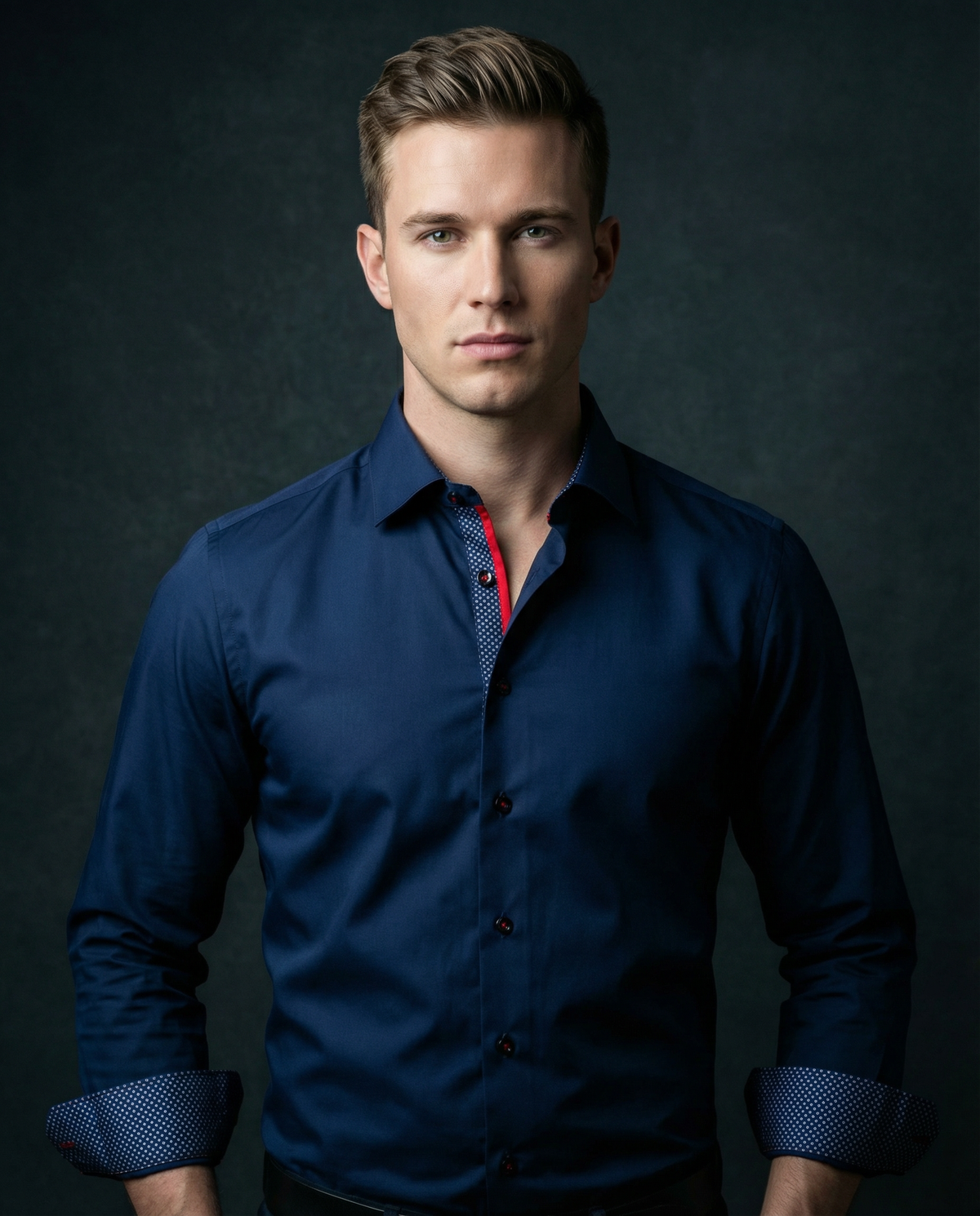 Men's navy button-up shirt with contrast collar and patterned button placket.