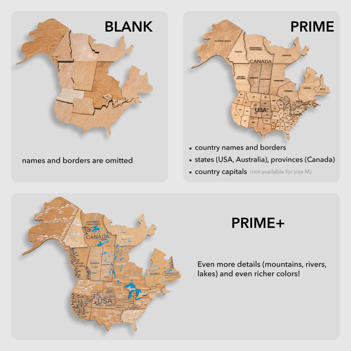 Wooden world map options graphic showing Blank, Prime, and Prime+ detail styles