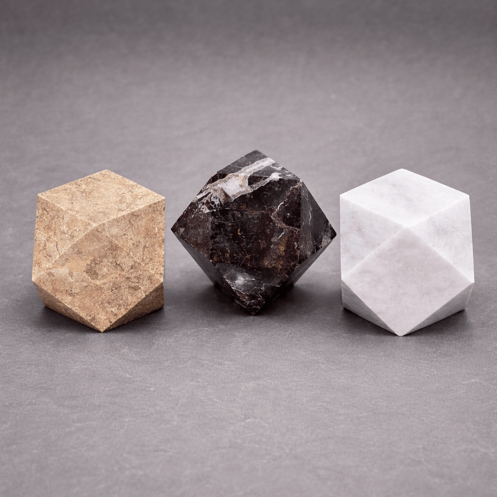 Black faceted gemstone desk paperweight with white veining, polygonal block