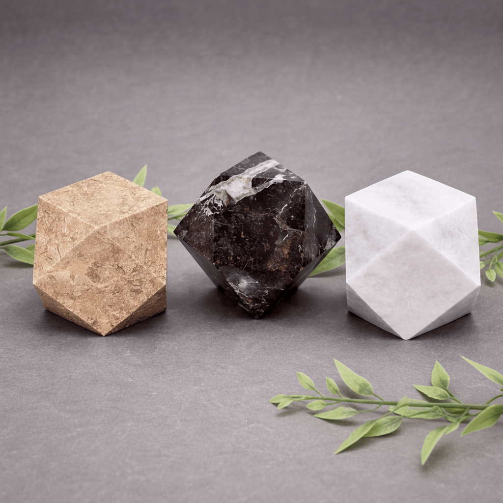 Beige tan faceted gemstone desk paperweight, polygonal cube shape