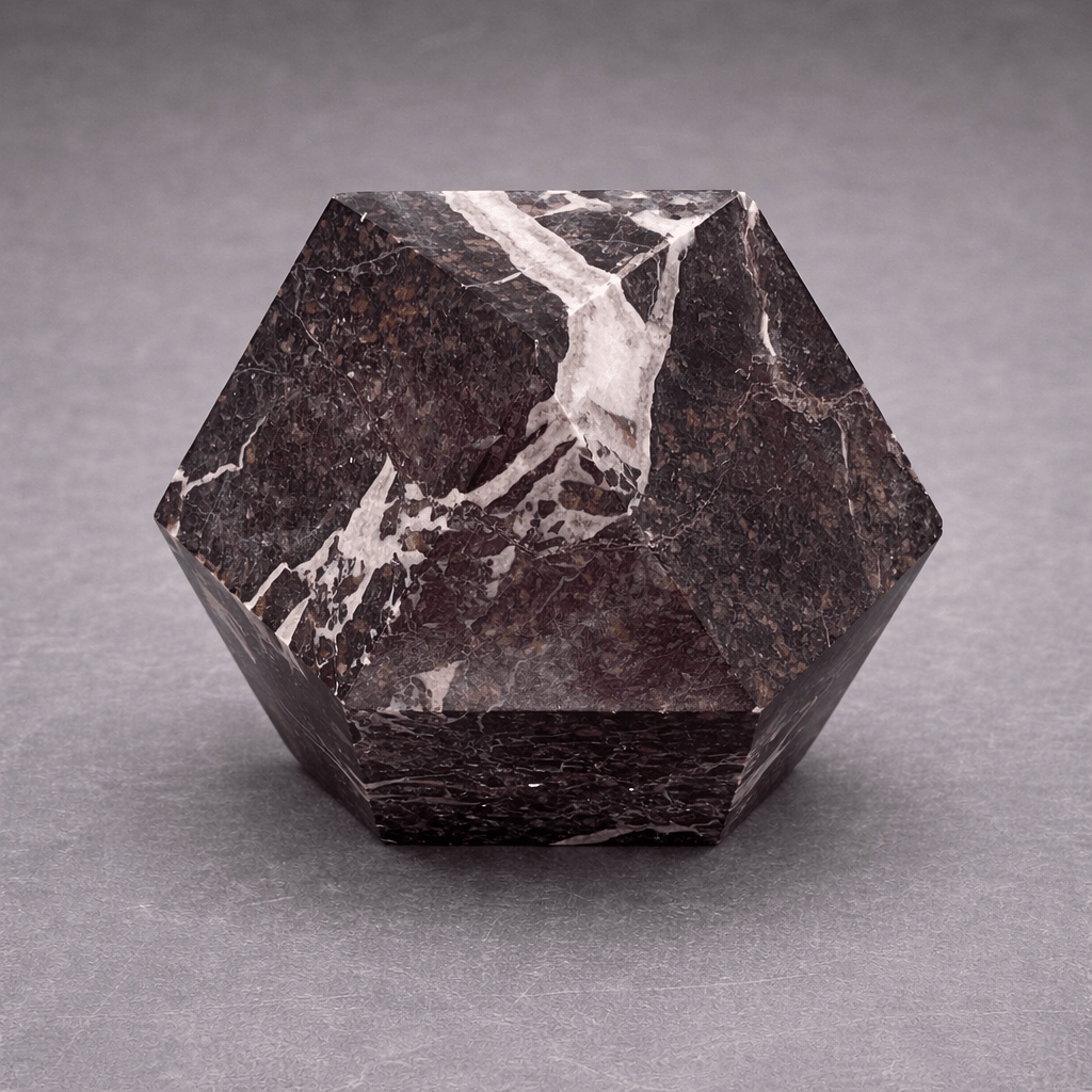 Dark black faceted gemstone desk paperweight with white marbling, hexagon shape
