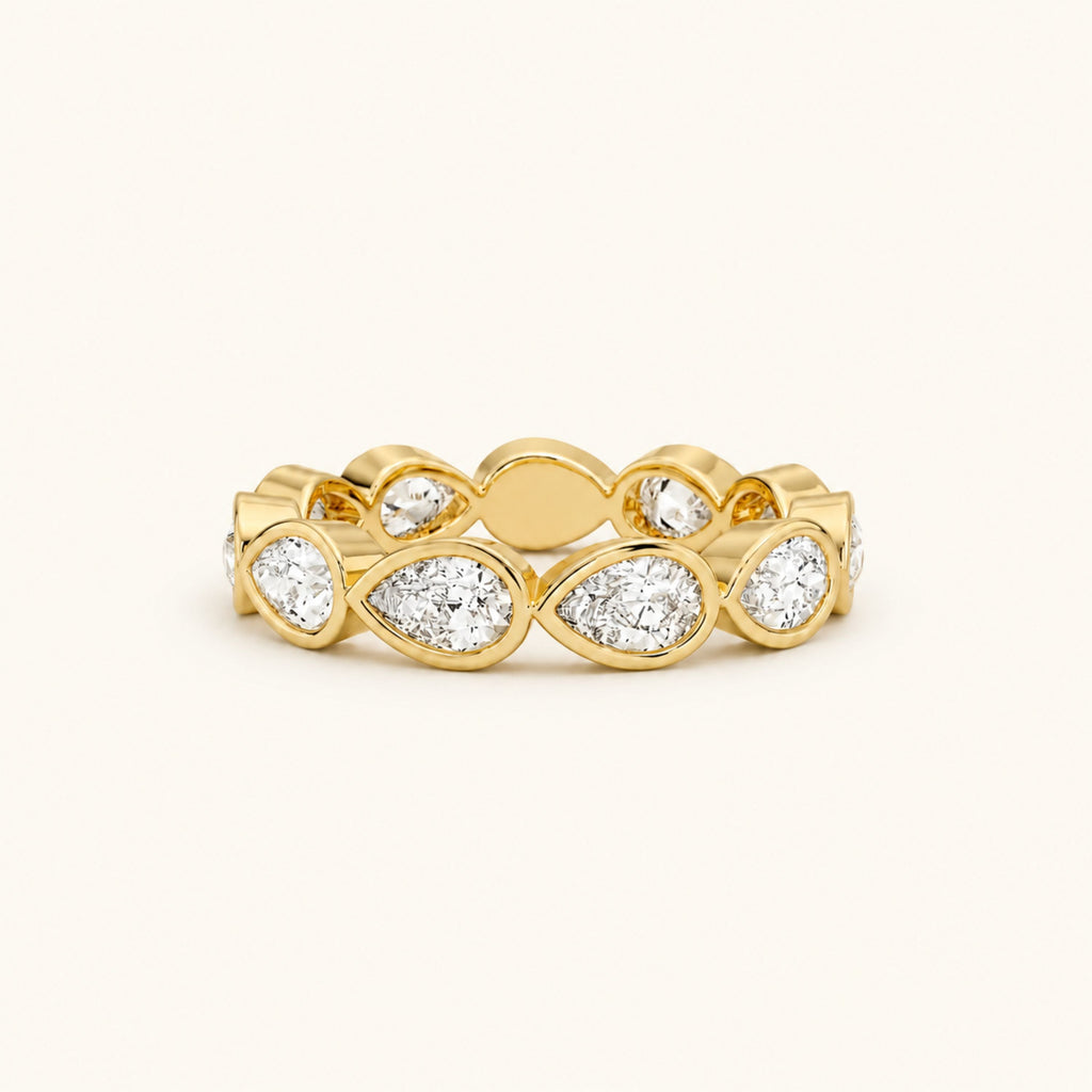 Gold eternity band ring with marquise-cut and round clear gemstones