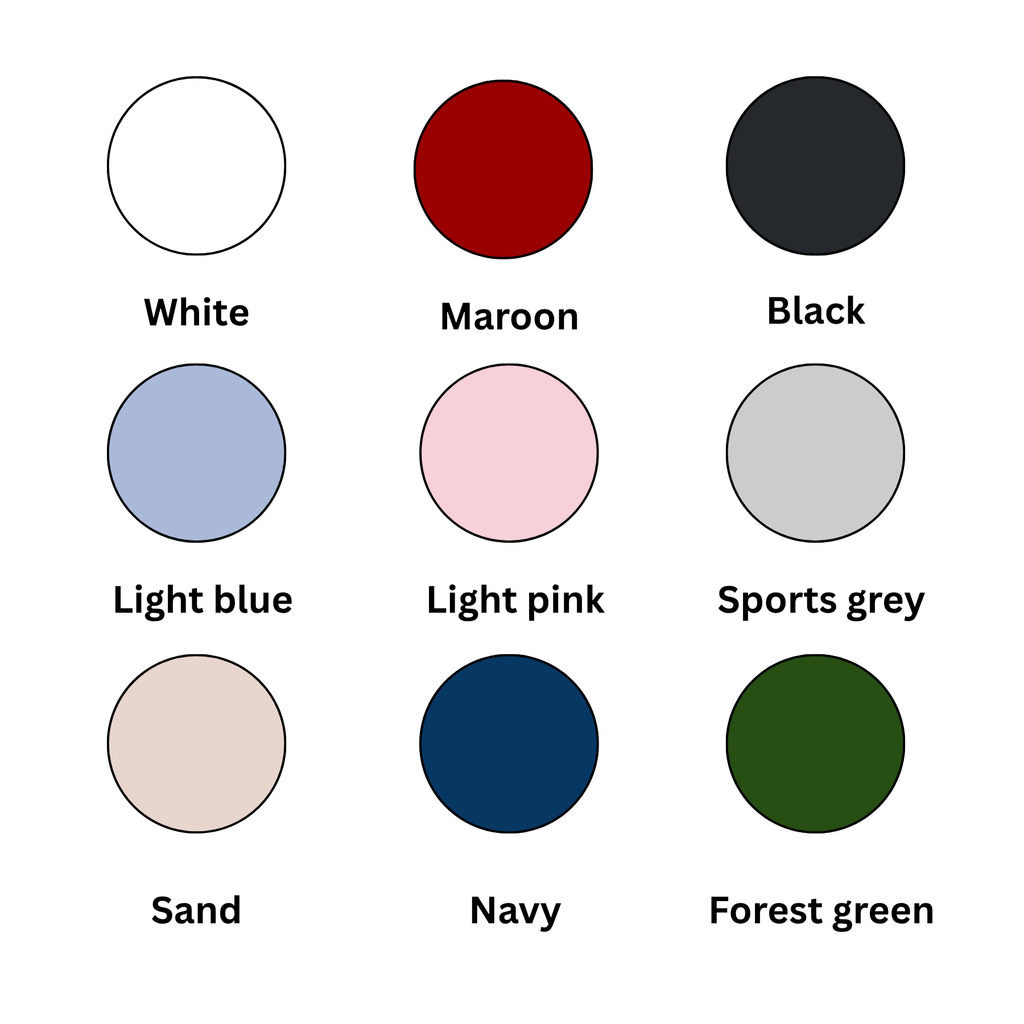 Color chart: White, Maroon, Black, Light blue, Light pink, Sports grey, Sand, Navy, Forest
