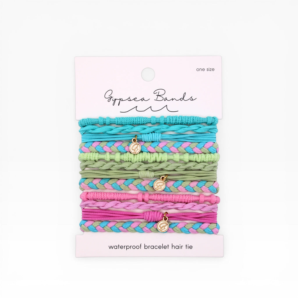 Set of braided hair tie bracelets in turquoise, pink, green with gold charms