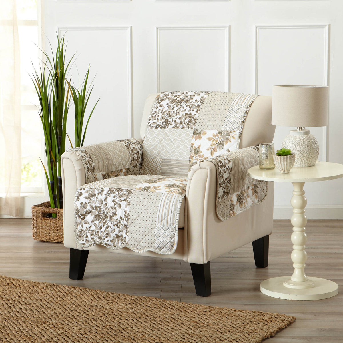 Reversible armchair protector in taupe patchwork with floral and geometric patterns