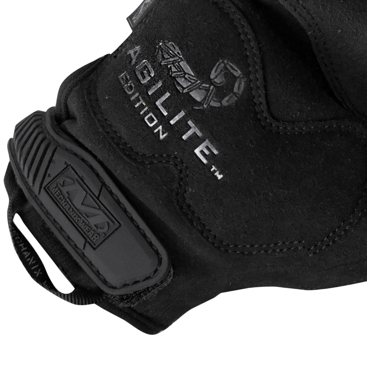 Black tactical glove with Mechanix logo patch and stitched palm panel