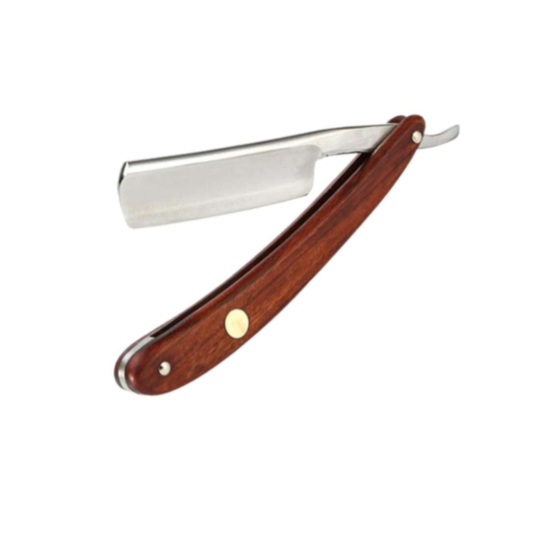 Straight razor with brown wooden handle and silver blade guard