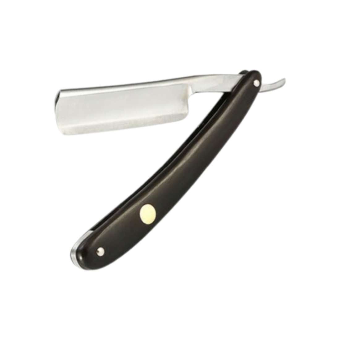Straight razor with ebony handle, silver blade, and two gold rivets