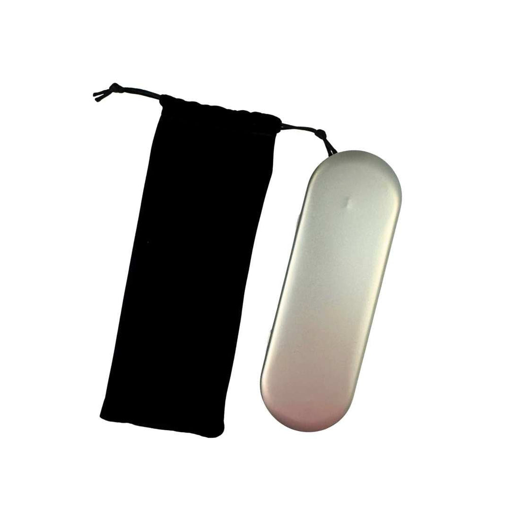 Black drawstring pouch with a silver razor case beside it