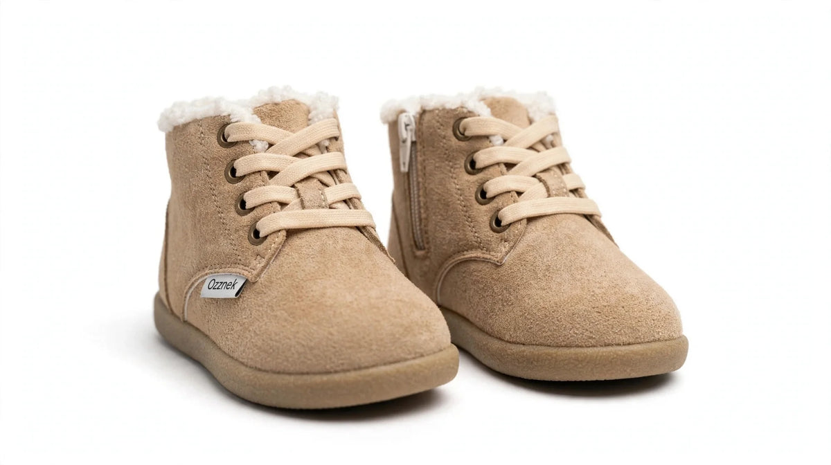 Tan toddler winter barefoot boots with lace-up front and ankle zipper