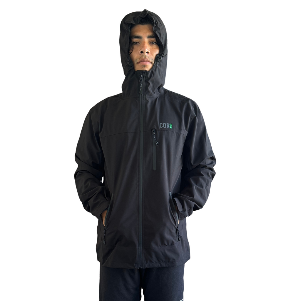 Black hooded rain jacket with full zipper and front zip pockets