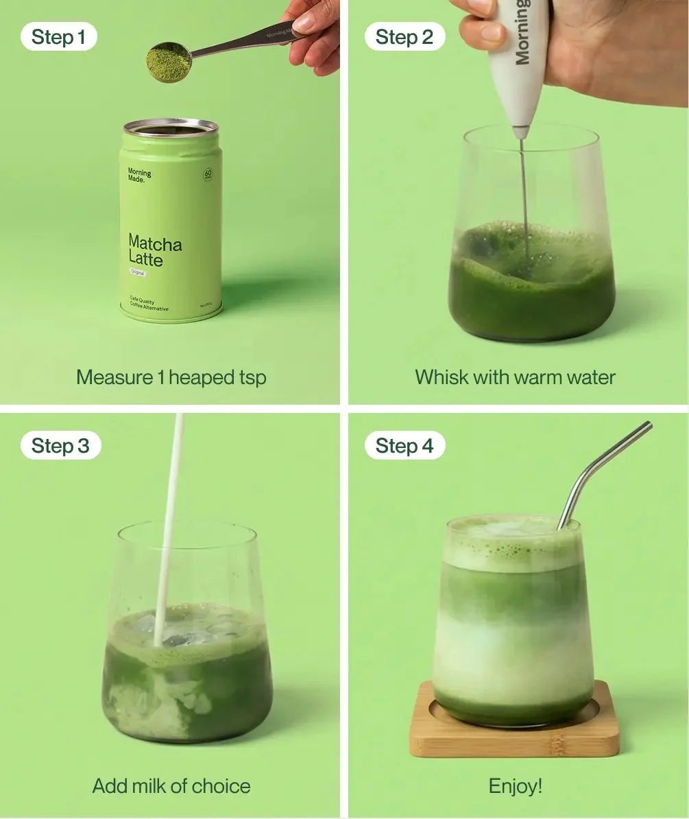 Matcha latte prep steps with green can, whisked water, and served drink