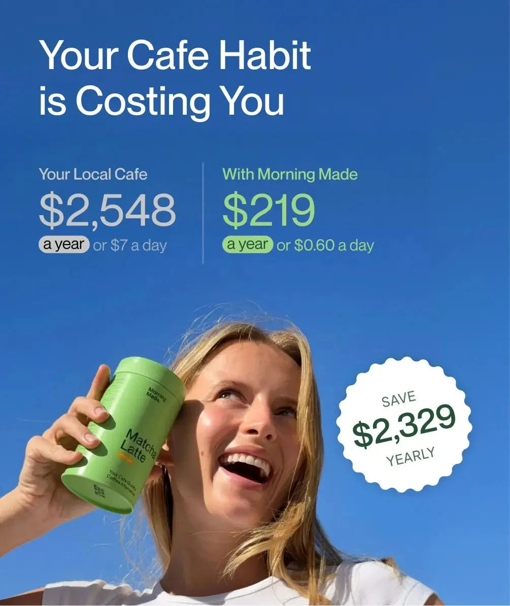 Woman holding a green matcha latte can with savings badge graphic