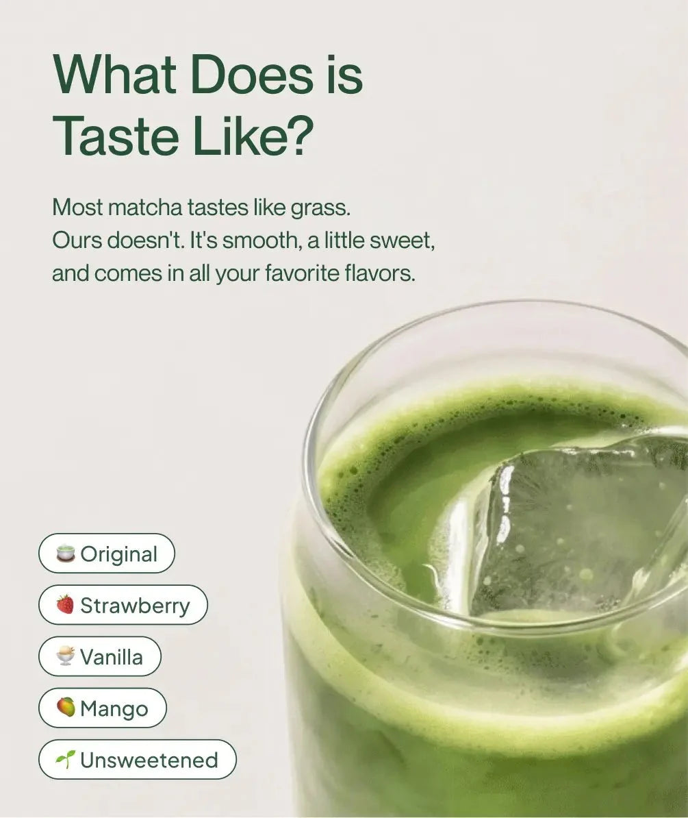 Matcha latte taste glass with drink and flavor option list