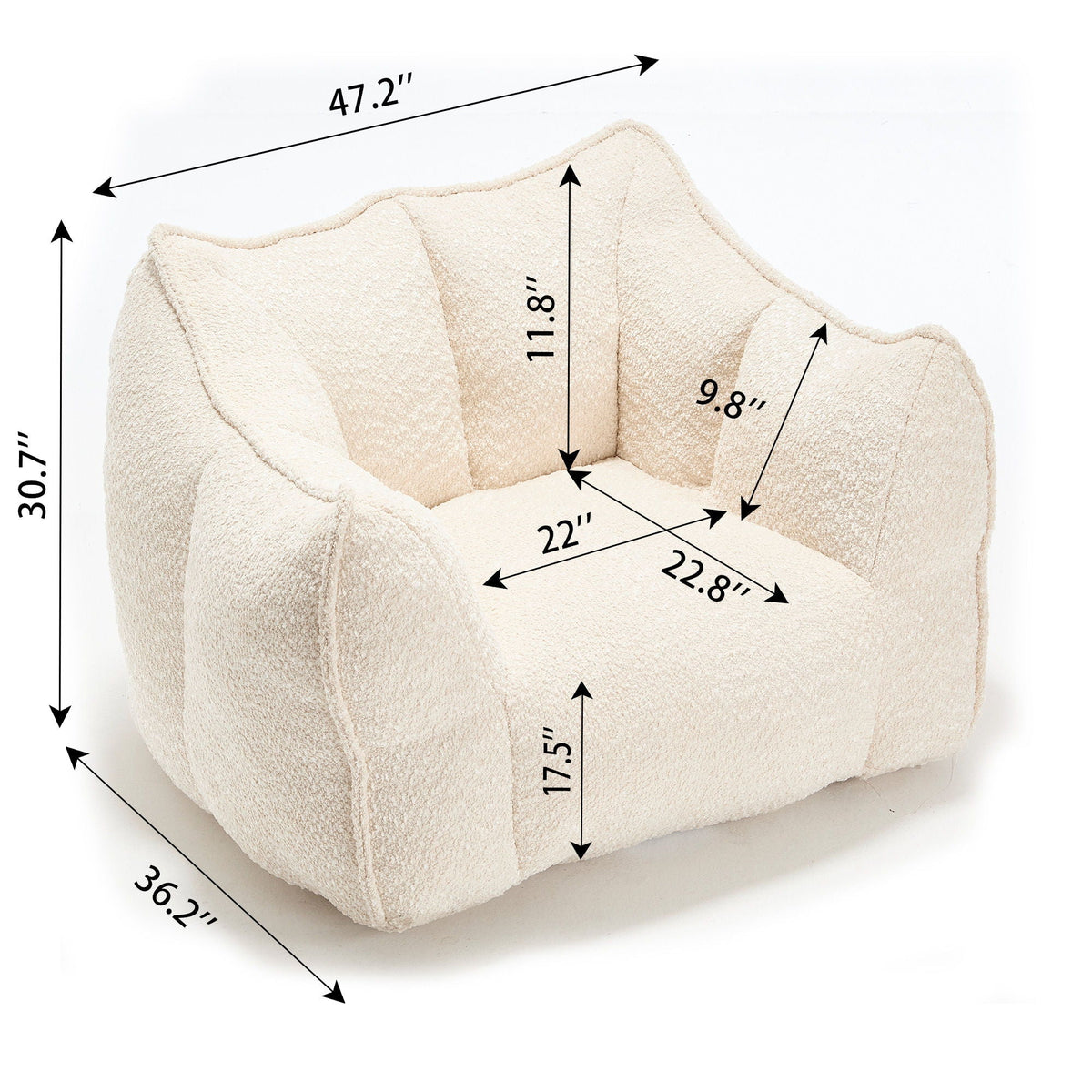 Beige chenille arm chair with labeled dimensions and thick padded arms