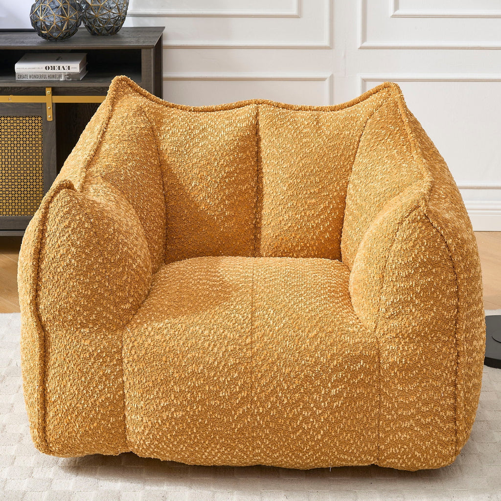 Yellow-brown chenille arm chair with thick padded arms and backrest