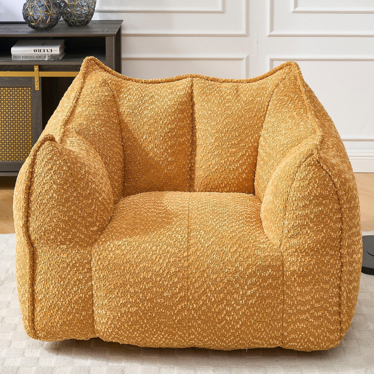 Yellow-brown chenille arm chair with thick padded arms and backrest