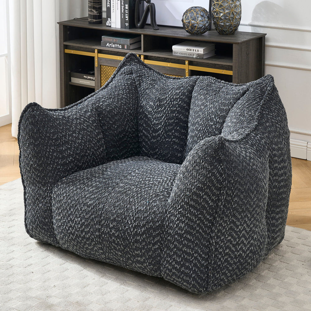Dark gray chenille arm chair with deep seat and supportive back cushions