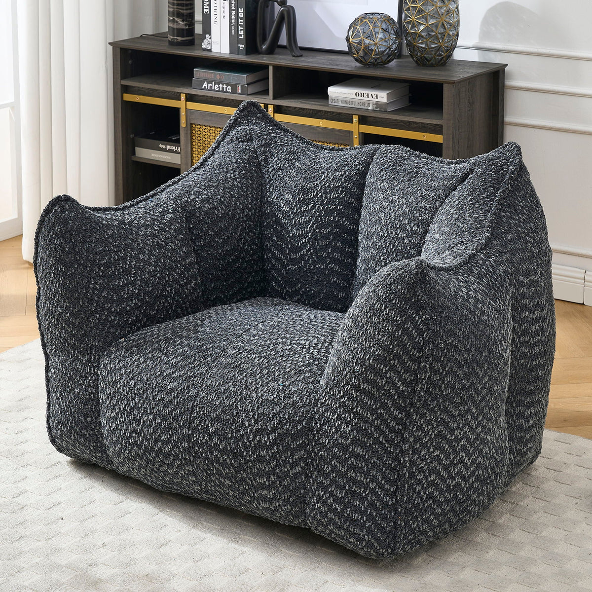 Dark gray chenille arm chair with deep seat and supportive back cushions