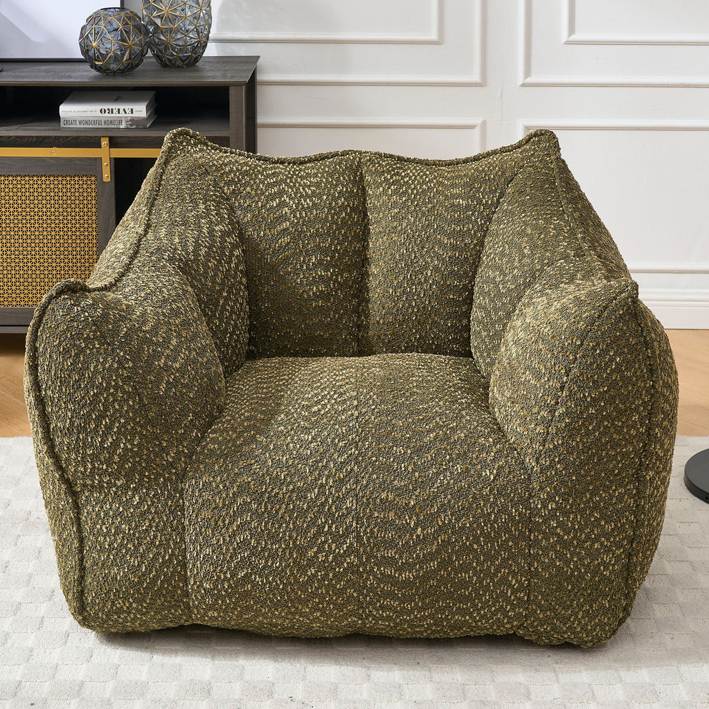 Olive green chenille arm chair with rounded arms and deep padded seat