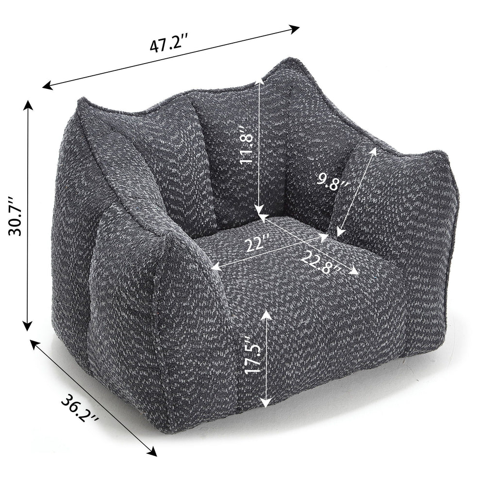 Gray chenille arm chair with labeled dimensions and thick padded seat