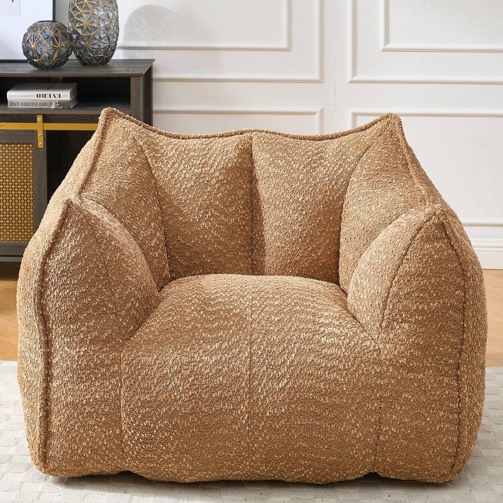 Camel brown chenille arm chair with deep seat and rounded, padded arms