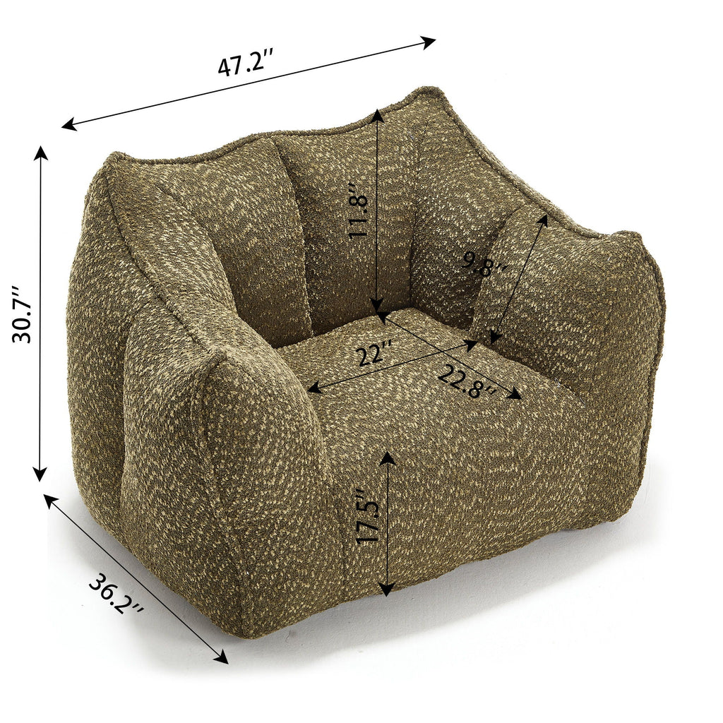 Chenille arm chair in light brown chenille with rounded arms and thick cushioned seat