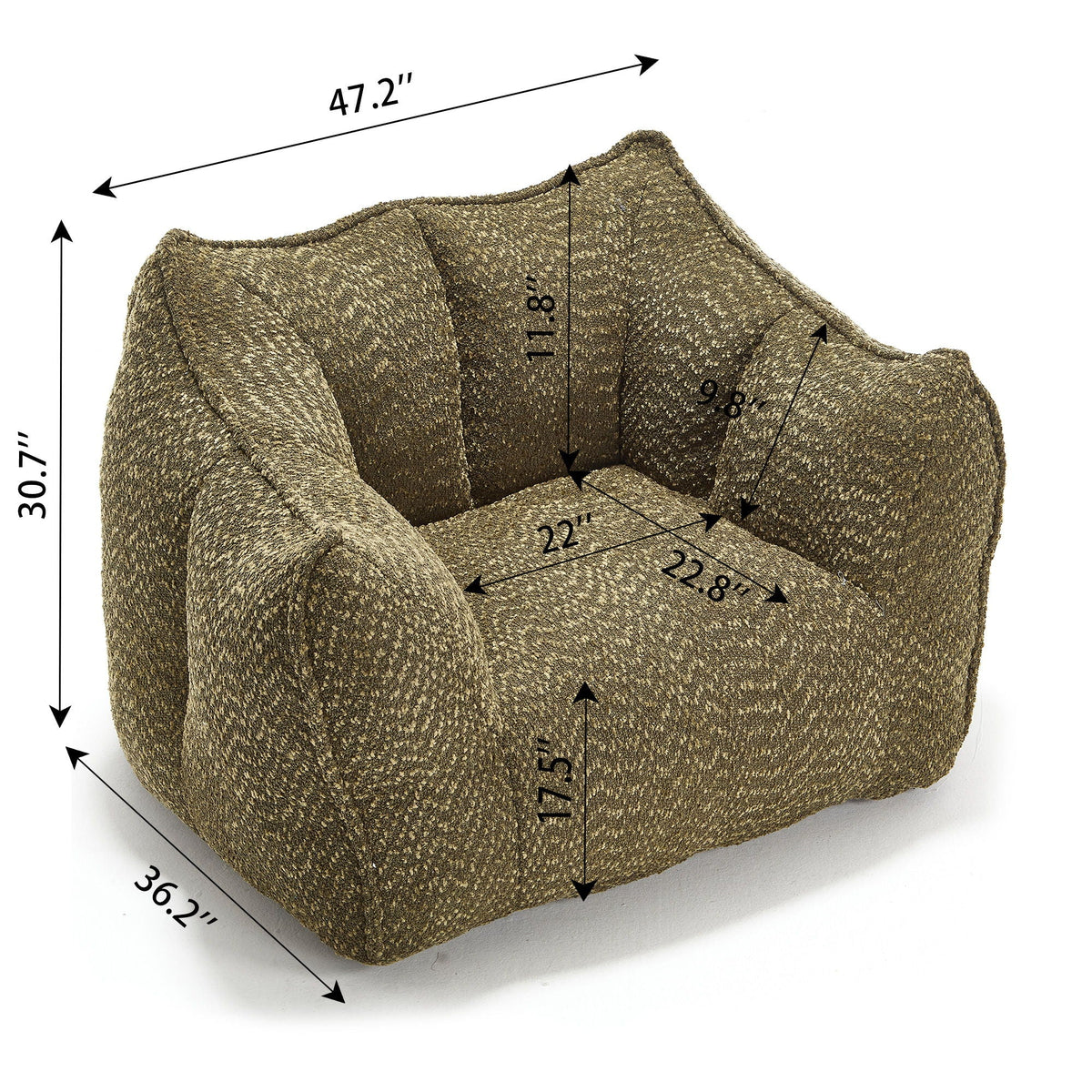 Chenille arm chair in light brown chenille with rounded arms and thick cushioned seat