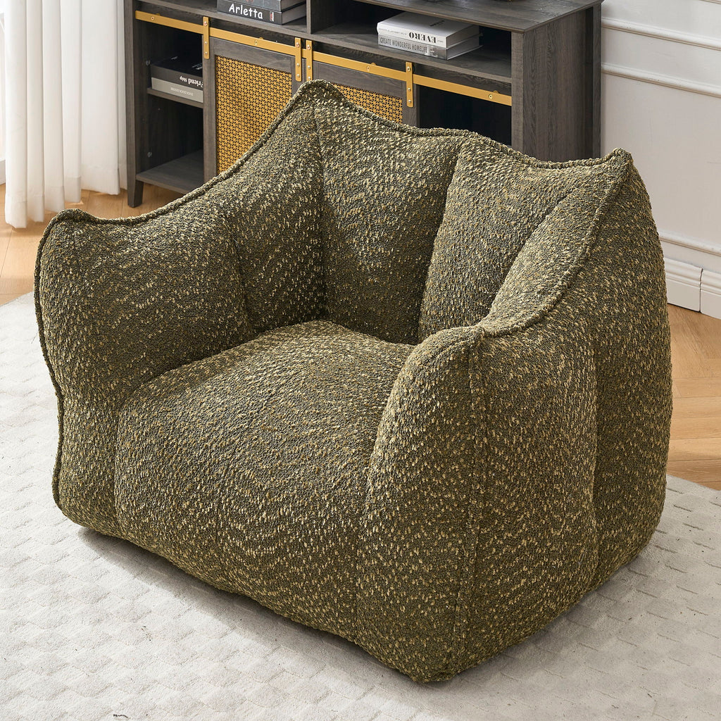 Chenille arm chair in green chenille with rounded arms and supportive cushioned seat