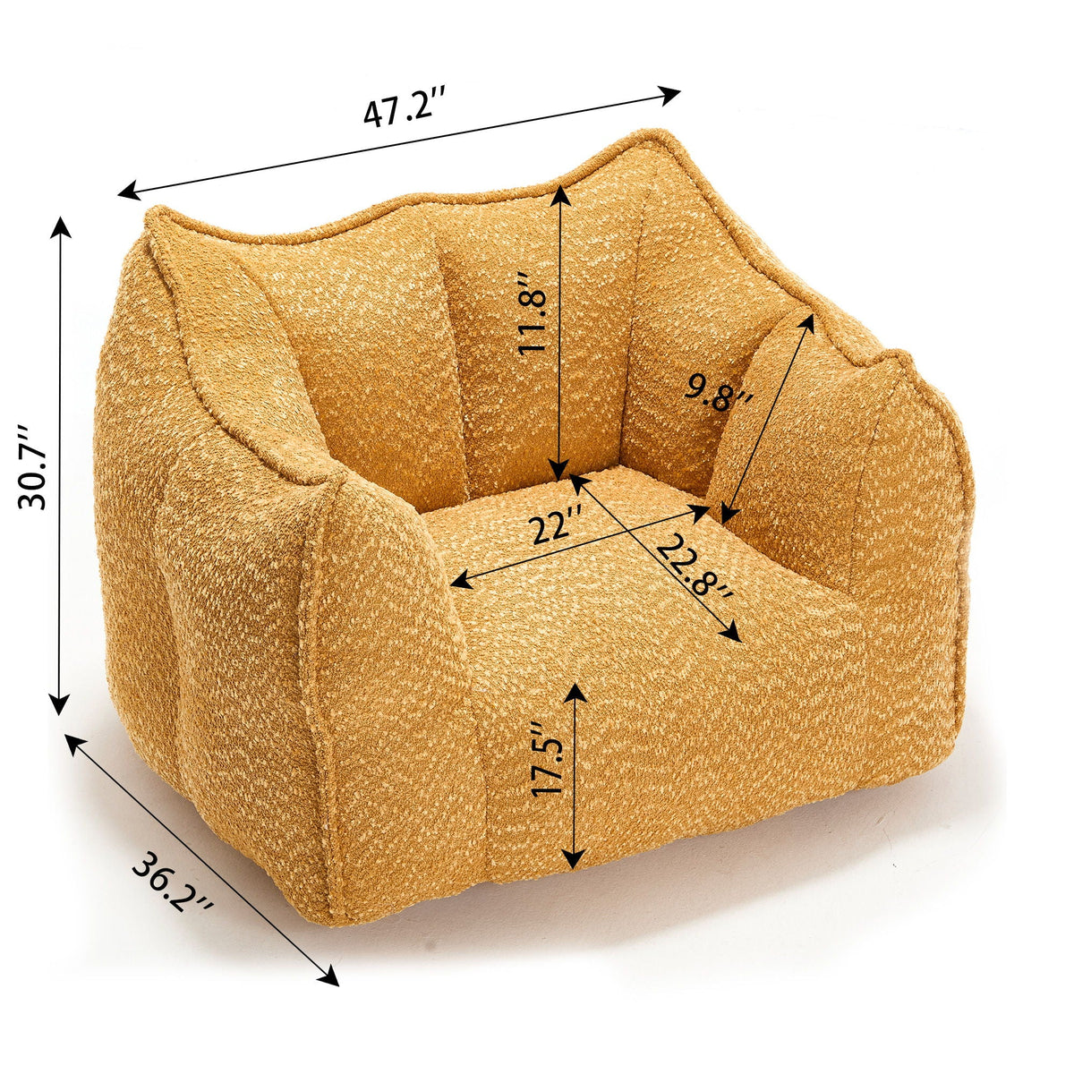 Yellow chenille arm chair shown with labeled dimensions and plush seat