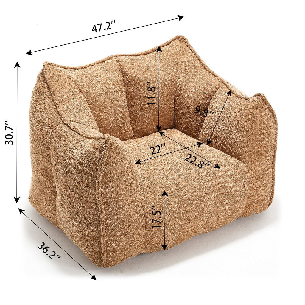 Light brown chenille arm chair with labeled dimensions and rounded seat