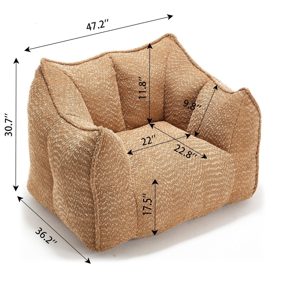 Light brown chenille arm chair with labeled dimensions and rounded seat