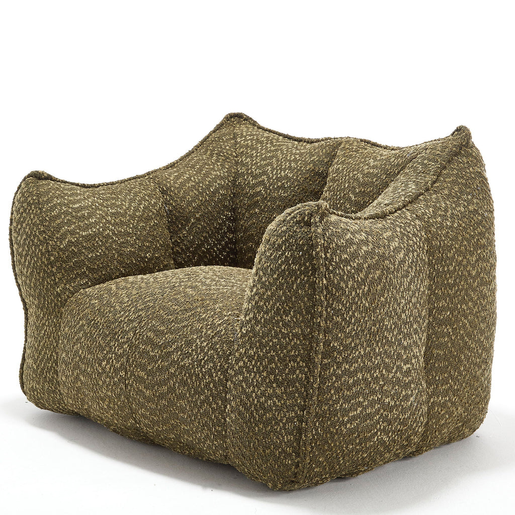 Green chenille arm chair with thick seat cushion and curved armrests