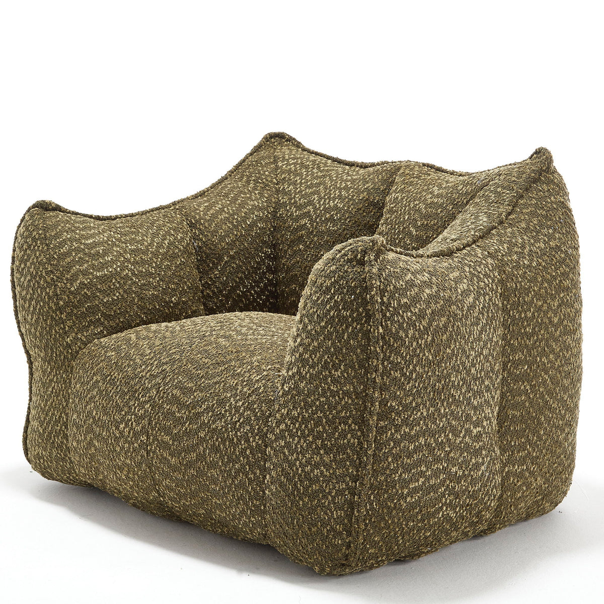 Green chenille arm chair with thick seat cushion and curved armrests